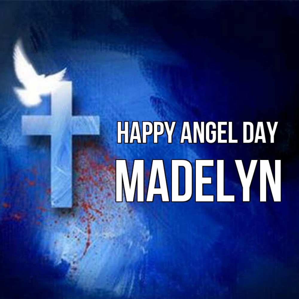 Greetings card с именем, Madelyn happy angel day Синий фон и птица Greetings with text for free download 