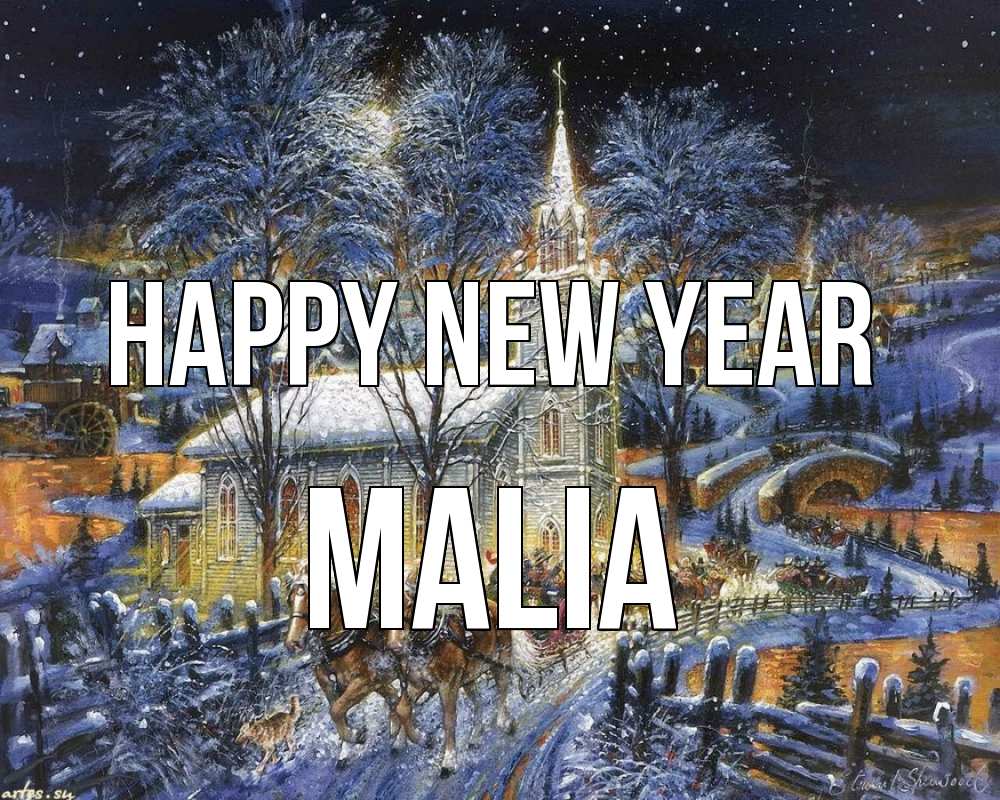 Greetings card с именем, Malia Happy New Year упряжка лошадей, лошади, новый год Greetings with text for free download 