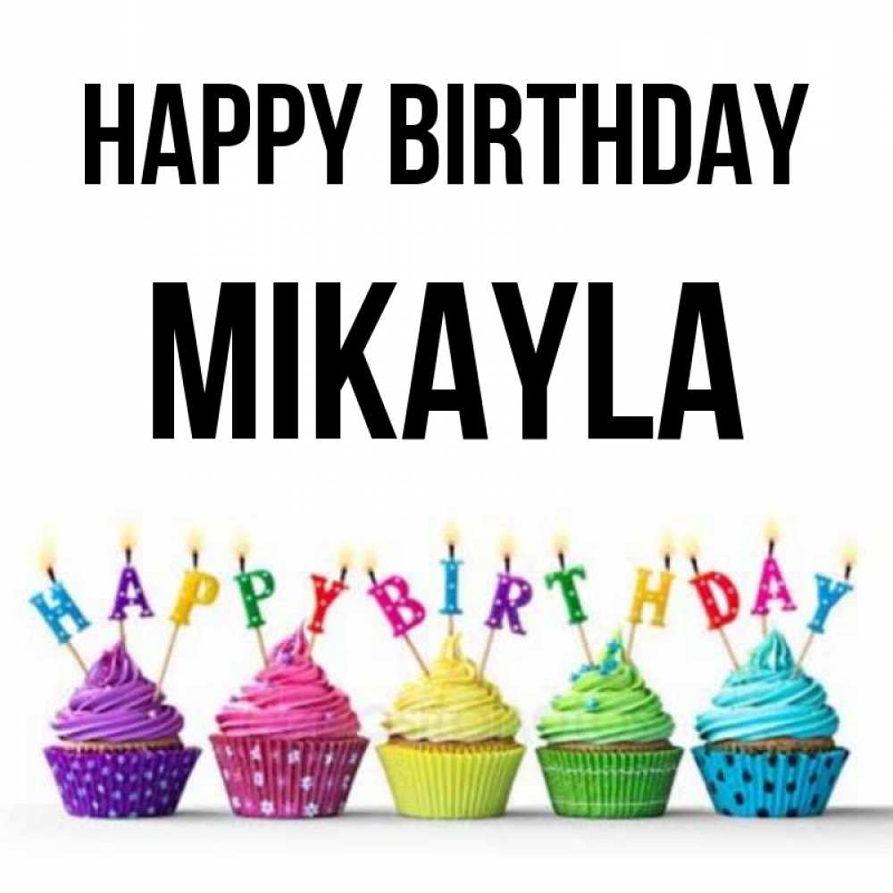 Greetings card с именем, Mikayla Happy Birthday открытка ко дню рождения с разноцветными вкусняшками Greetings with text for free download 
