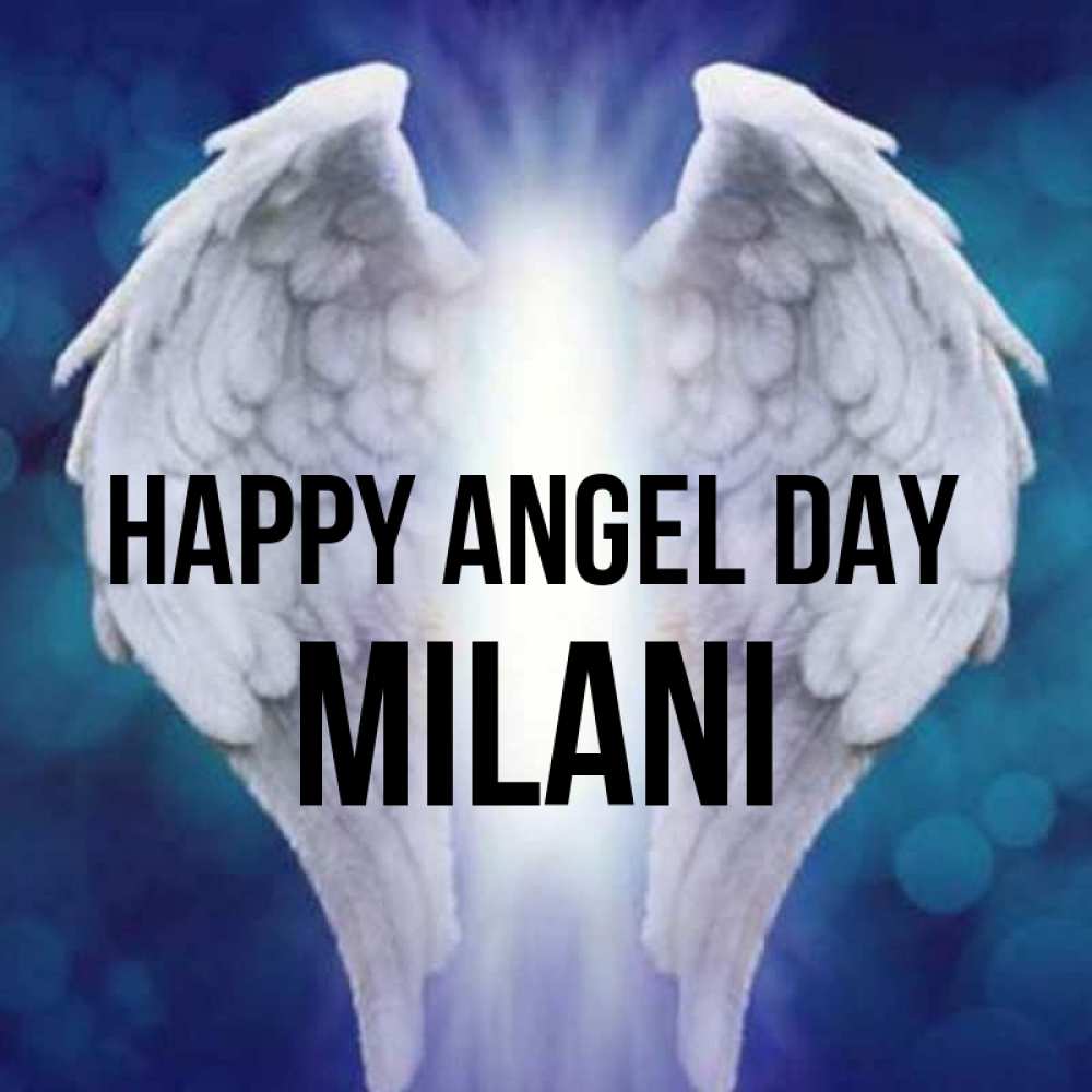 Greetings card с именем, Milani happy angel day синий фон и крылышки Greetings with text for free download 