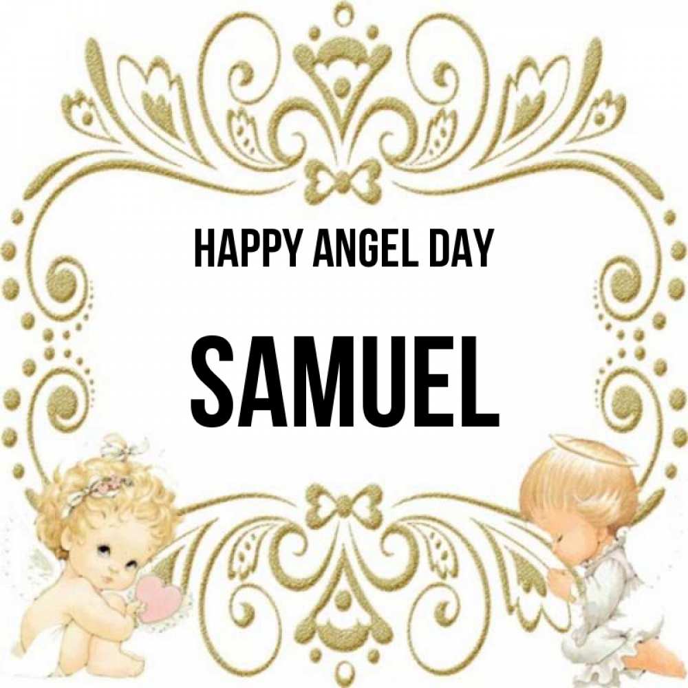 Greetings card с именем, Samuel happy angel day с именинами поздравляют два красивых ангела. Один с сердечком другой молится Greetings with text for free download 