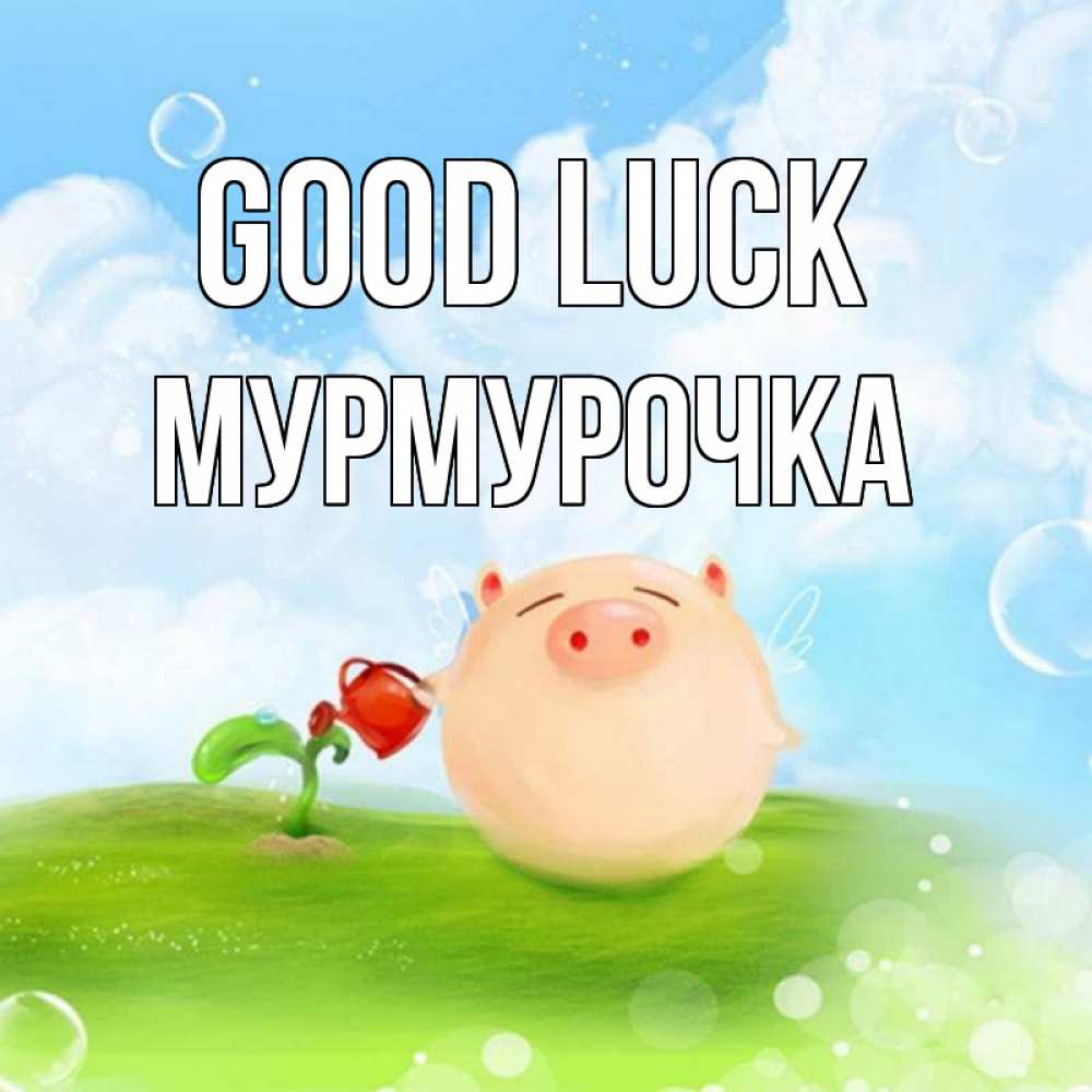 Greetings card с именем, Мурмурочка Good luck поросенок поливает цветок. летнее настроение Greetings with text for free download 