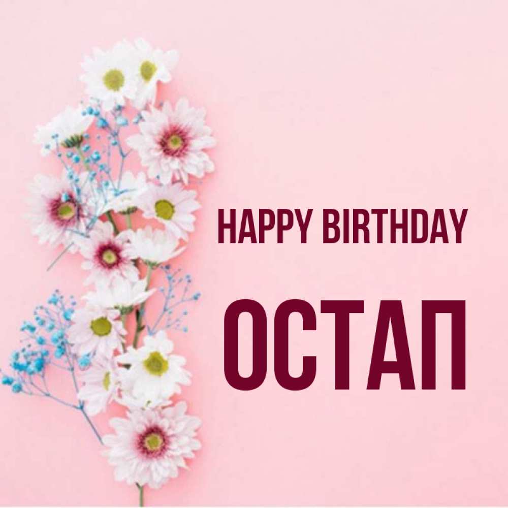 Greetings card с именем, Остап Happy Birthday Родная моя с днем рождения тебя картинка с цветами белыми и голубыми Greetings with text for free download 