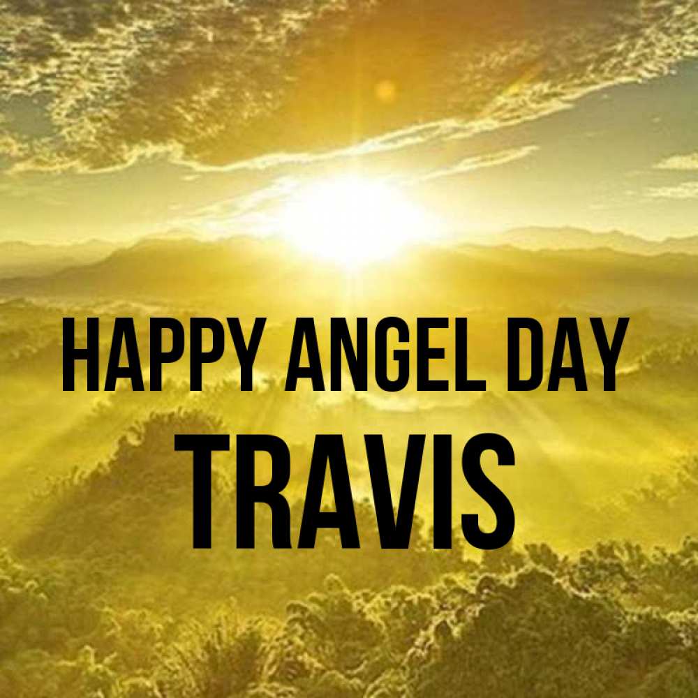 Greetings card с именем, Travis happy angel day леса и небо в желтом Greetings with text for free download 