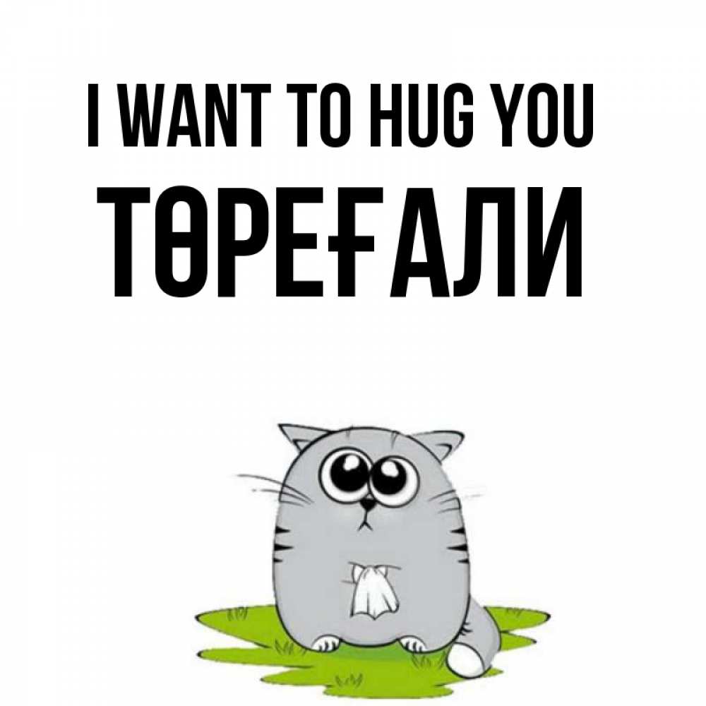 Greetings card с именем, Төреғали I want to hug you котик теребит платочек сидя на травке Greetings with text for free download 