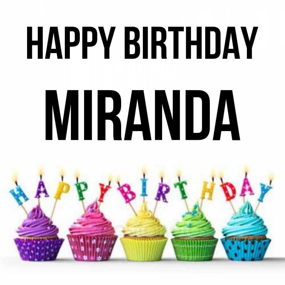 Greetings card с именем, Miranda Happy Birthday открытка ко дню рождения с разноцветными вкусняшками Greetings with text for free download 