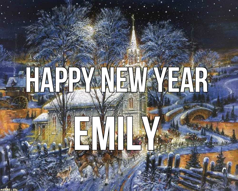 Greetings card с именем, Emily Happy New Year упряжка лошадей, лошади, новый год Greetings with text for free download 