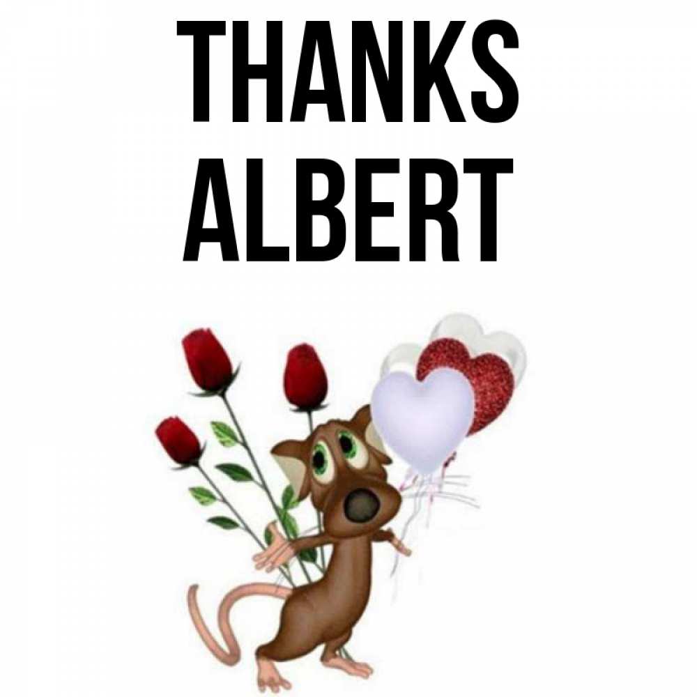 Greetings card с именем, Albert Thanks песик с шариками в форме сердец Greetings with text for free download 