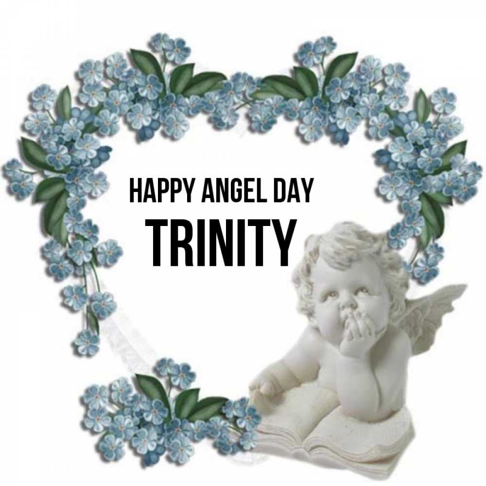 Greetings card с именем, Trinity happy angel day голубые цветы и мраморный ангел Greetings with text for free download 