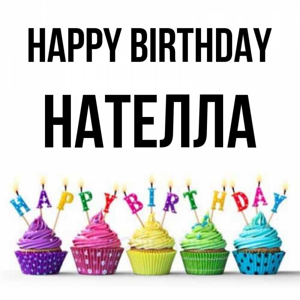 Greetings card с именем, Нателла Happy Birthday открытка ко дню рождения с разноцветными вкусняшками Greetings with text for free download 
