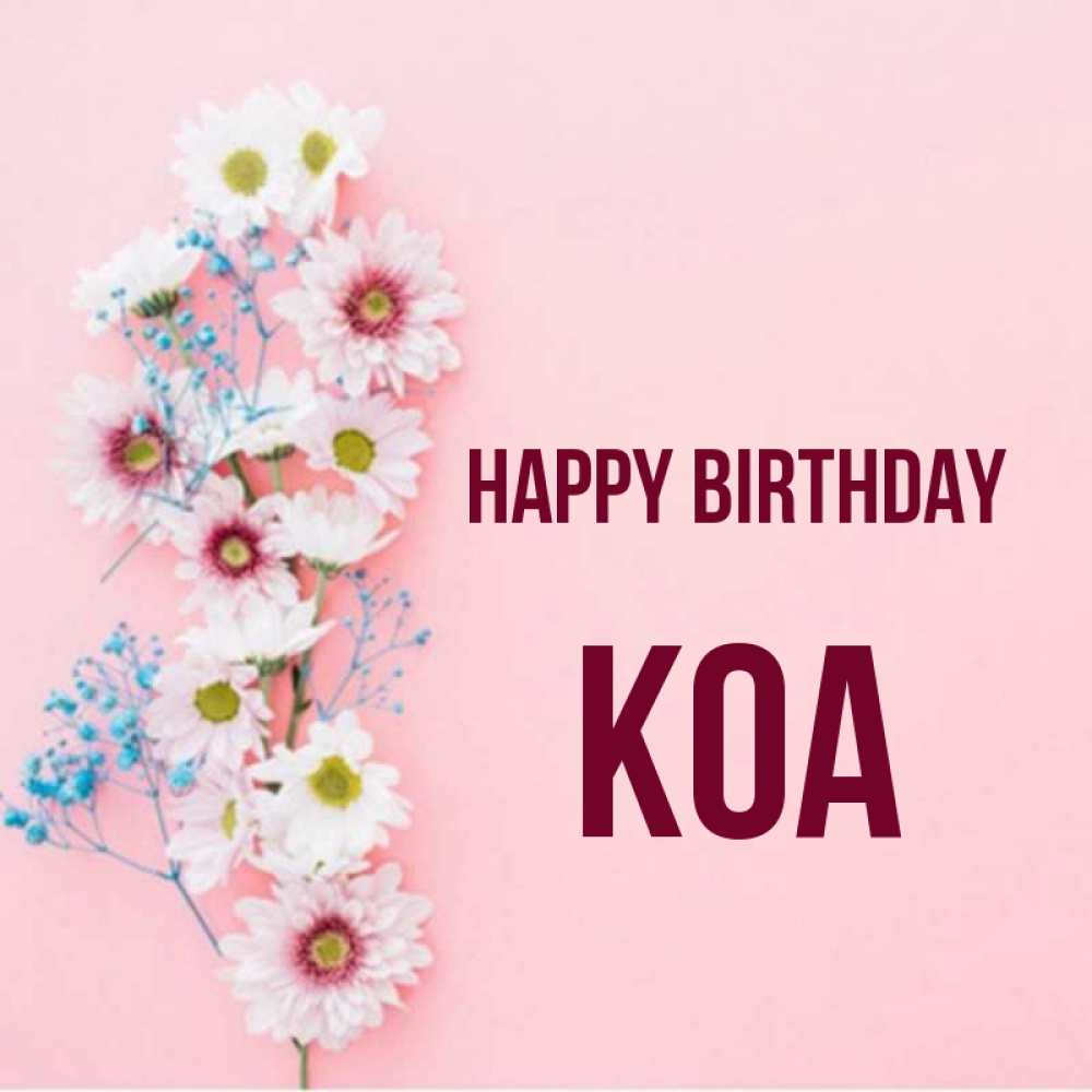 Greetings card с именем, Koa Happy Birthday Родная моя с днем рождения тебя картинка с цветами белыми и голубыми Greetings with text for free download 