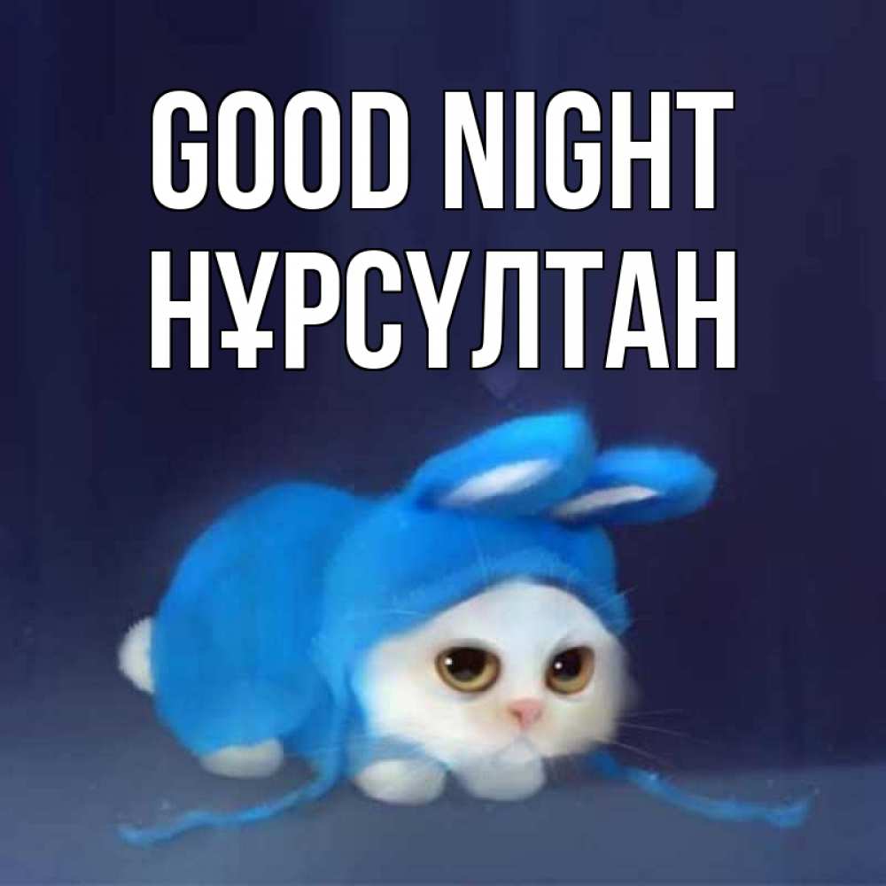 Greetings card с именем, НҰРСҮЛТАН Good night кот в голубом костюме кролика с ушками Greetings with text for free download 