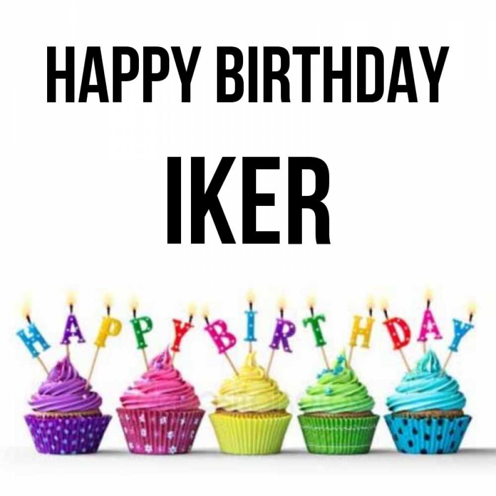 Greetings card с именем, Iker Happy Birthday открытка ко дню рождения с разноцветными вкусняшками Greetings with text for free download 