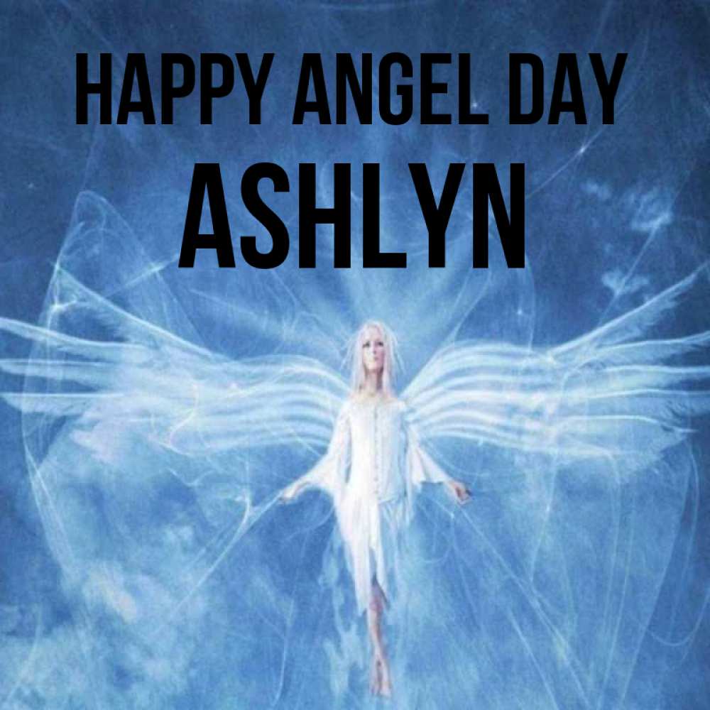Greetings card с именем, Ashlyn happy angel day голубой фон и крылья как у стрекозы Greetings with text for free download 