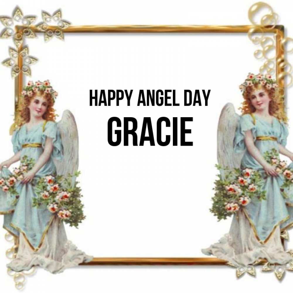 Greetings card с именем, Gracie happy angel day рамочка из золота и ангелы Greetings with text for free download 