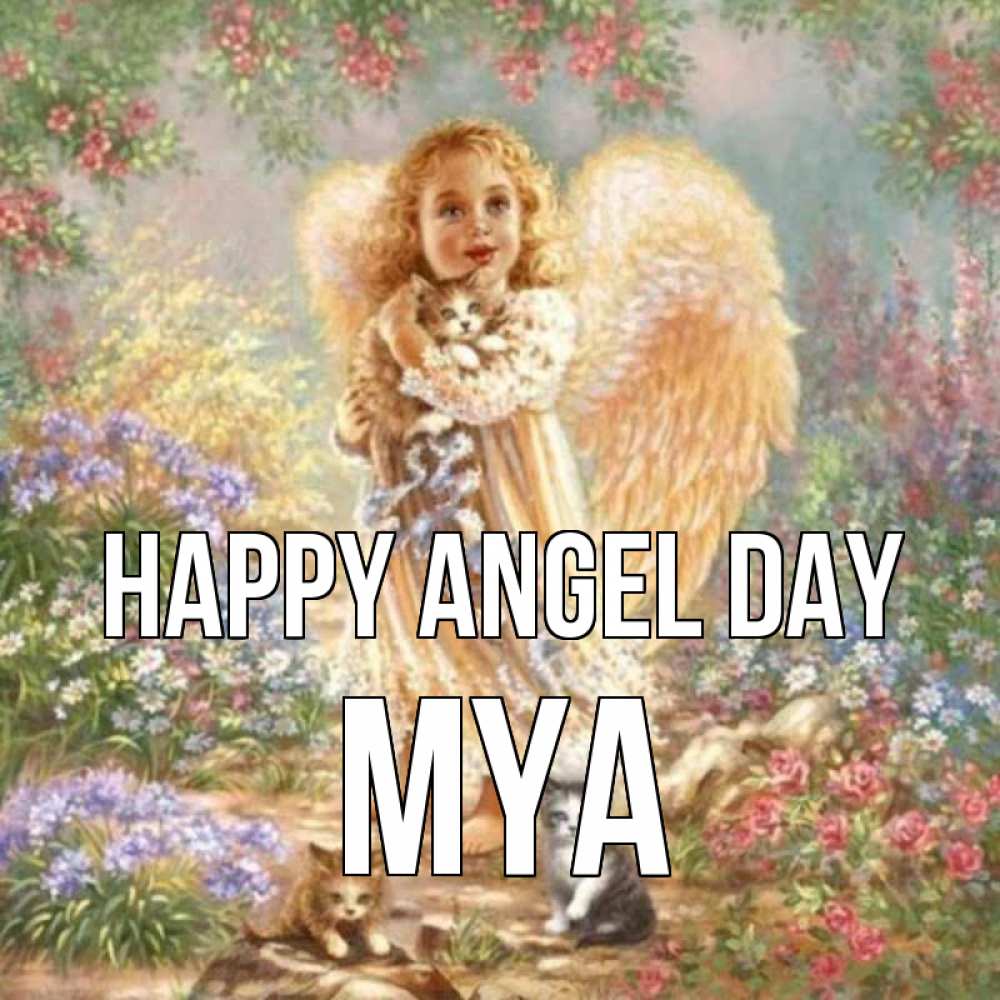 Greetings card с именем, Mya happy angel day держит котенка Greetings with text for free download 