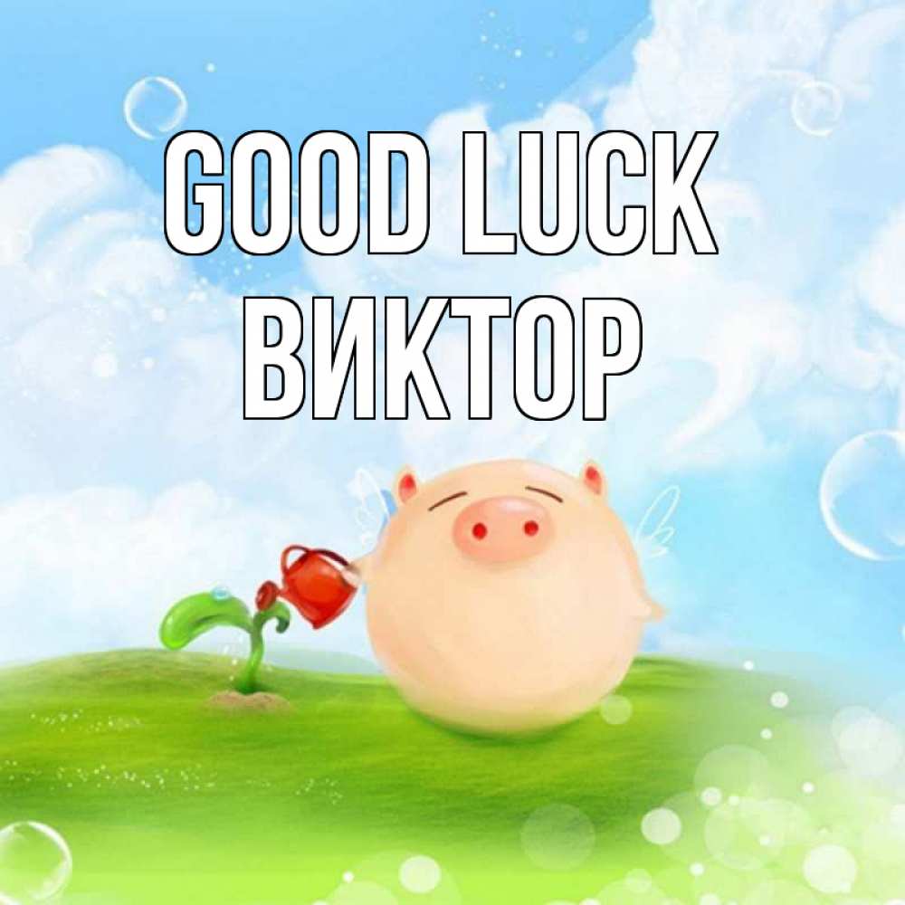 Greetings card с именем, Виктор Good luck поросенок поливает цветок. летнее настроение Greetings with text for free download 