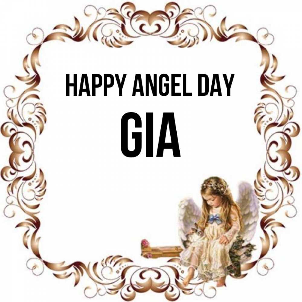 Greetings card с именем, Gia happy angel day рамочка из перьев и ангелочек Greetings with text for free download 