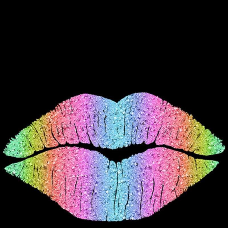 Открытка радужная помада след от губ на черном фоне Kiss you 
