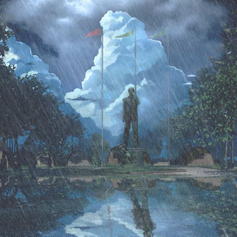 Открытка памятник под дождем  небо и флаги  Do not be sad 