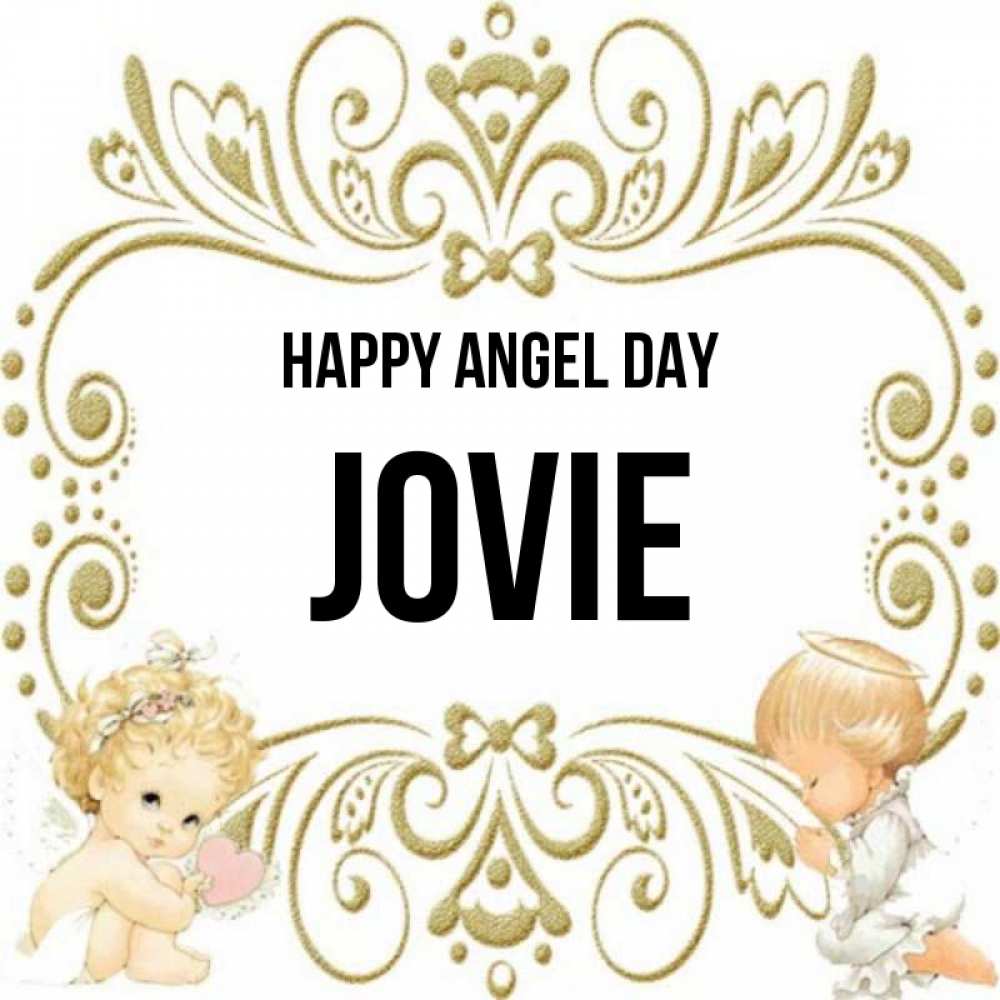 Greetings card с именем, Jovie happy angel day с именинами поздравляют два красивых ангела. Один с сердечком другой молится Greetings with text for free download 