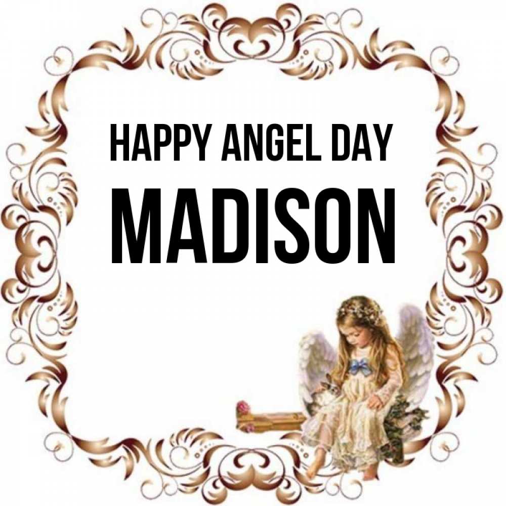 Greetings card с именем, Madison happy angel day рамочка из перьев и ангелочек Greetings with text for free download 
