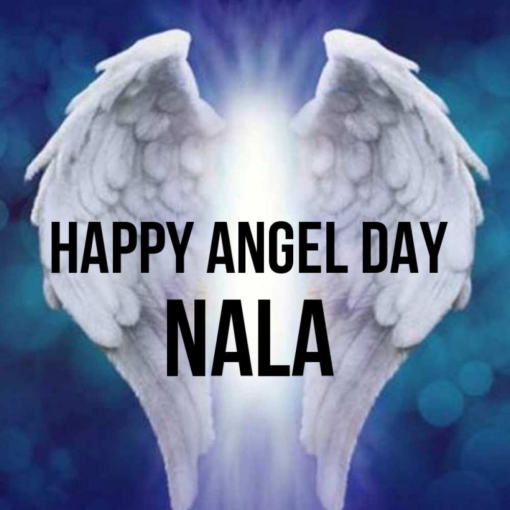 Greetings card с именем, Nala happy angel day синий фон и крылышки Greetings with text for free download 