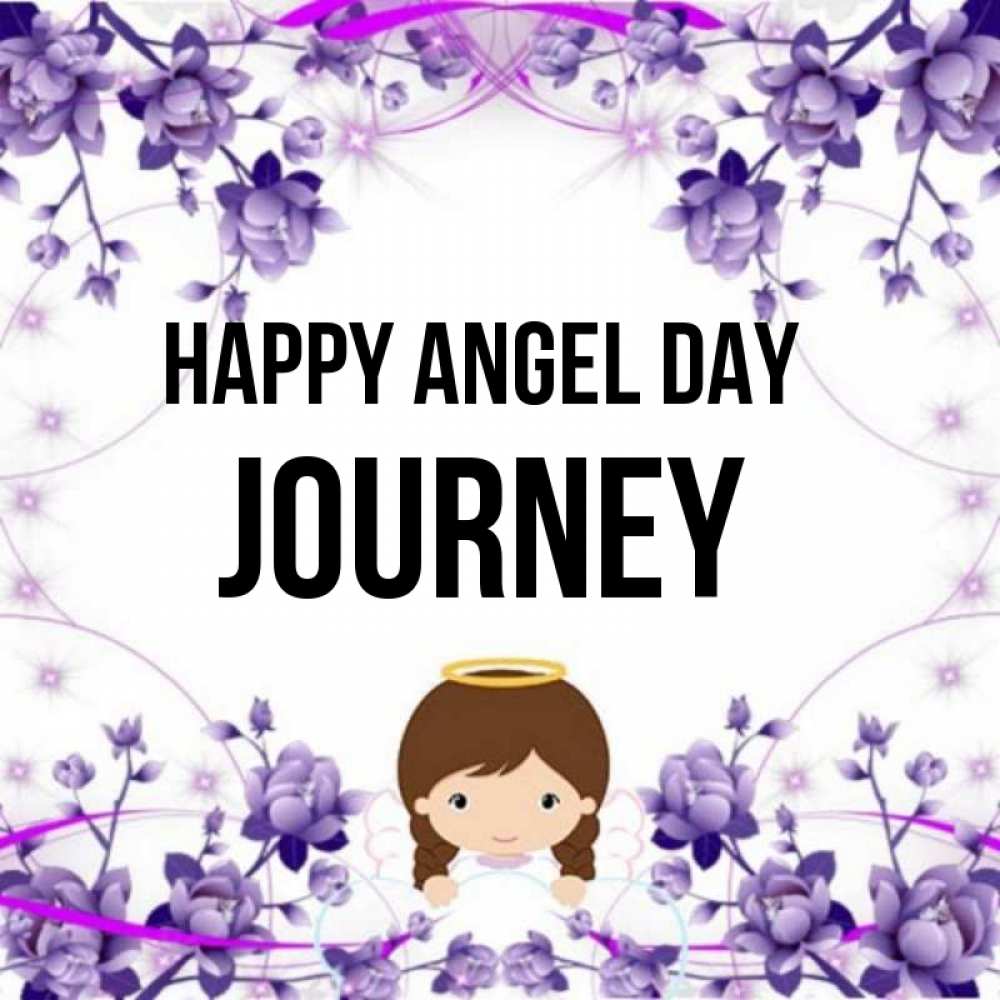 Greetings card с именем, Journey happy angel day с именинами в рамочке Greetings with text for free download 