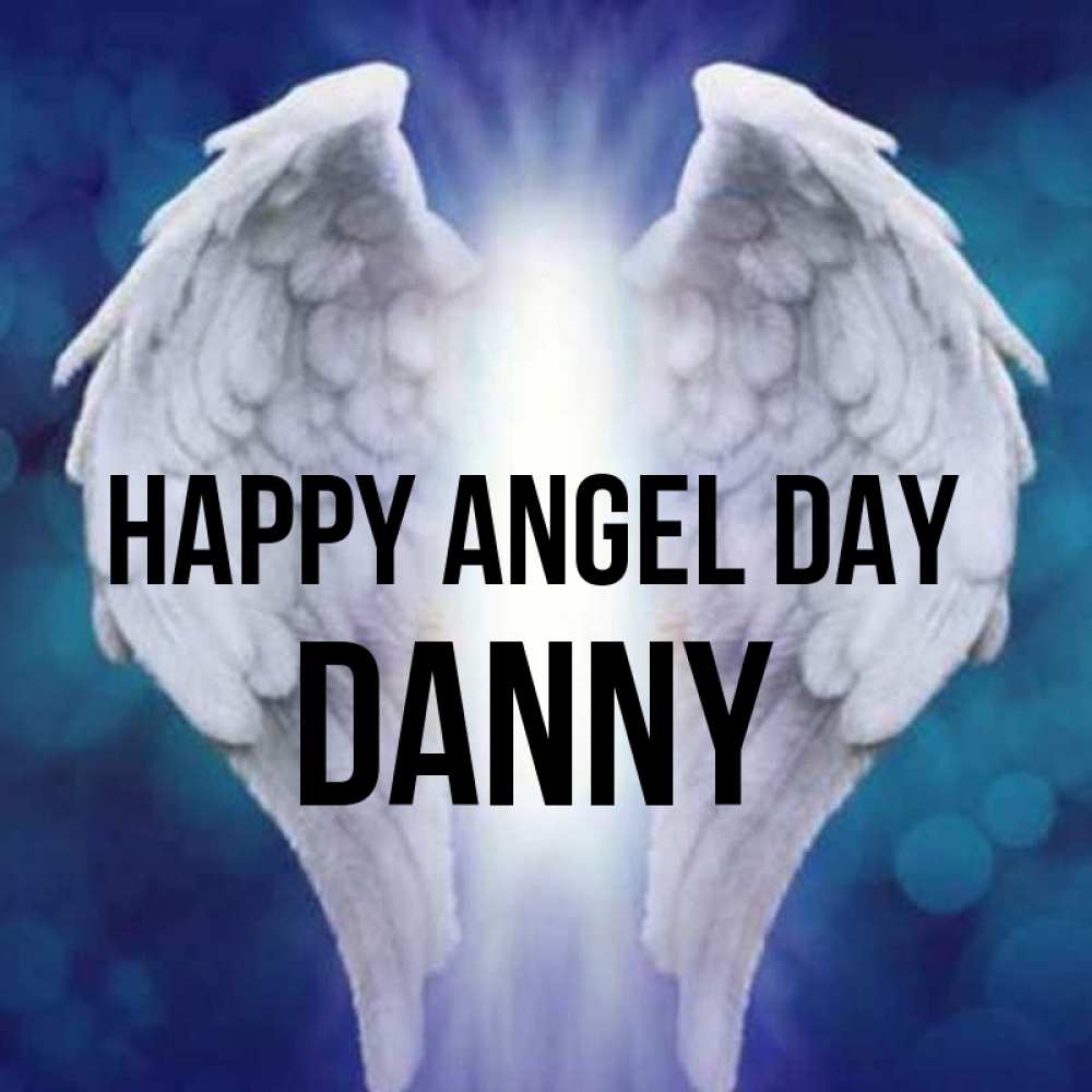 Greetings card с именем, Danny happy angel day синий фон и крылышки Greetings with text for free download 
