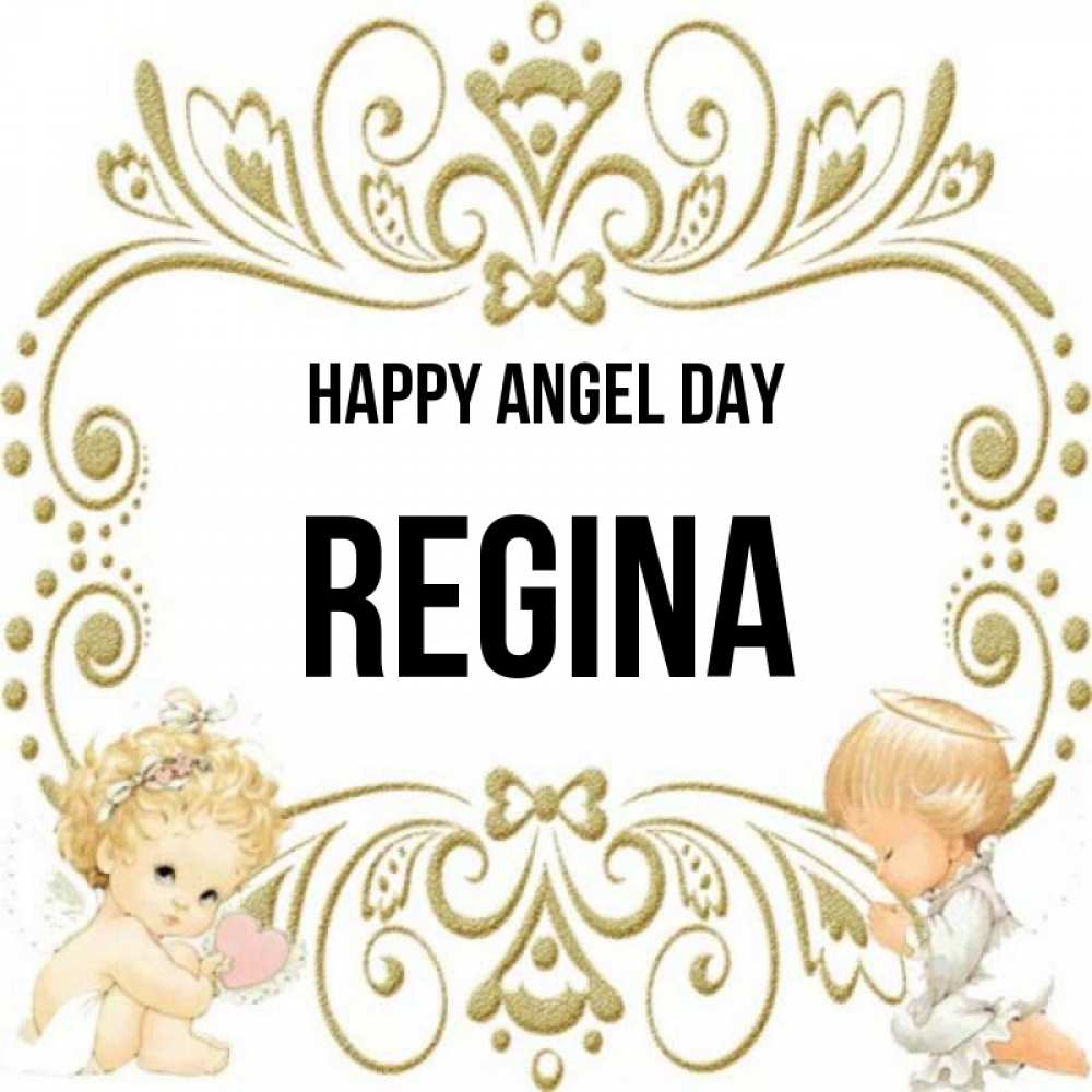 Greetings card с именем, Regina happy angel day с именинами поздравляют два красивых ангела. Один с сердечком другой молится Greetings with text for free download 