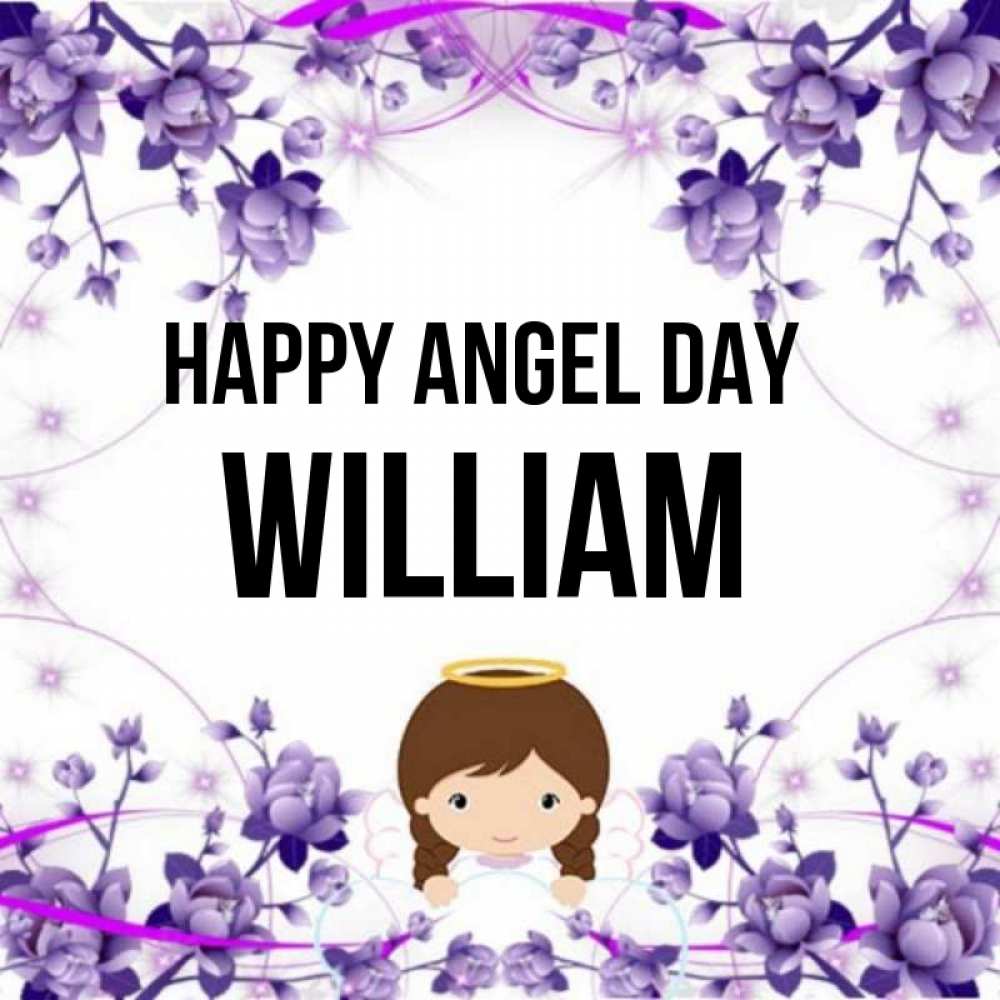 Greetings card с именем, William happy angel day с именинами в рамочке Greetings with text for free download 