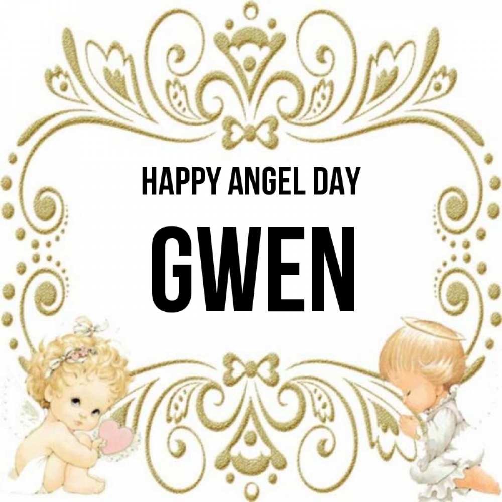 Greetings card с именем, Gwen happy angel day с именинами поздравляют два красивых ангела. Один с сердечком другой молится Greetings with text for free download 