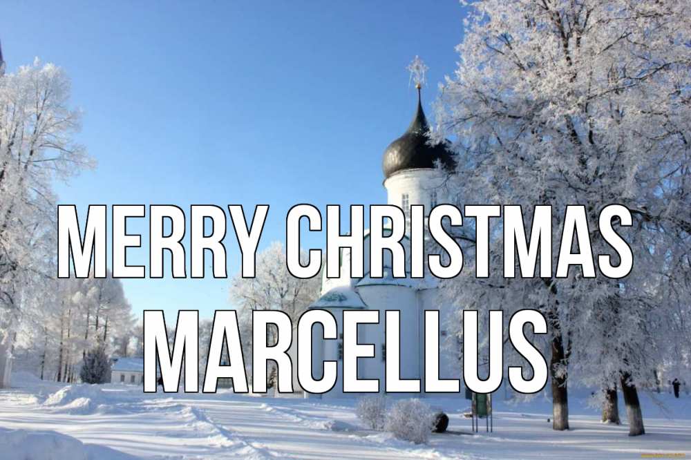 Greetings card с именем, Marcellus Merry Christmas Рождество, церковь, храм, зимний лес Greetings with text for free download 