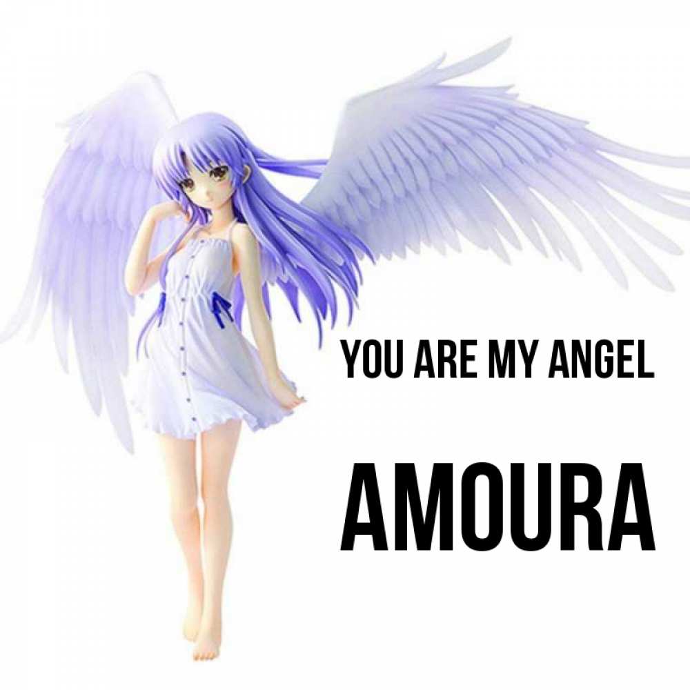 Greetings card с именем, Amoura You are my angel девушка ангел с фиолетовыми крыльями Greetings with text for free download 