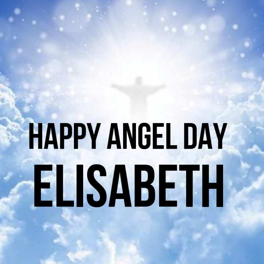 Greetings card с именем, Elisabeth happy angel day ангел на облаках в свете солнца Greetings with text for free download 