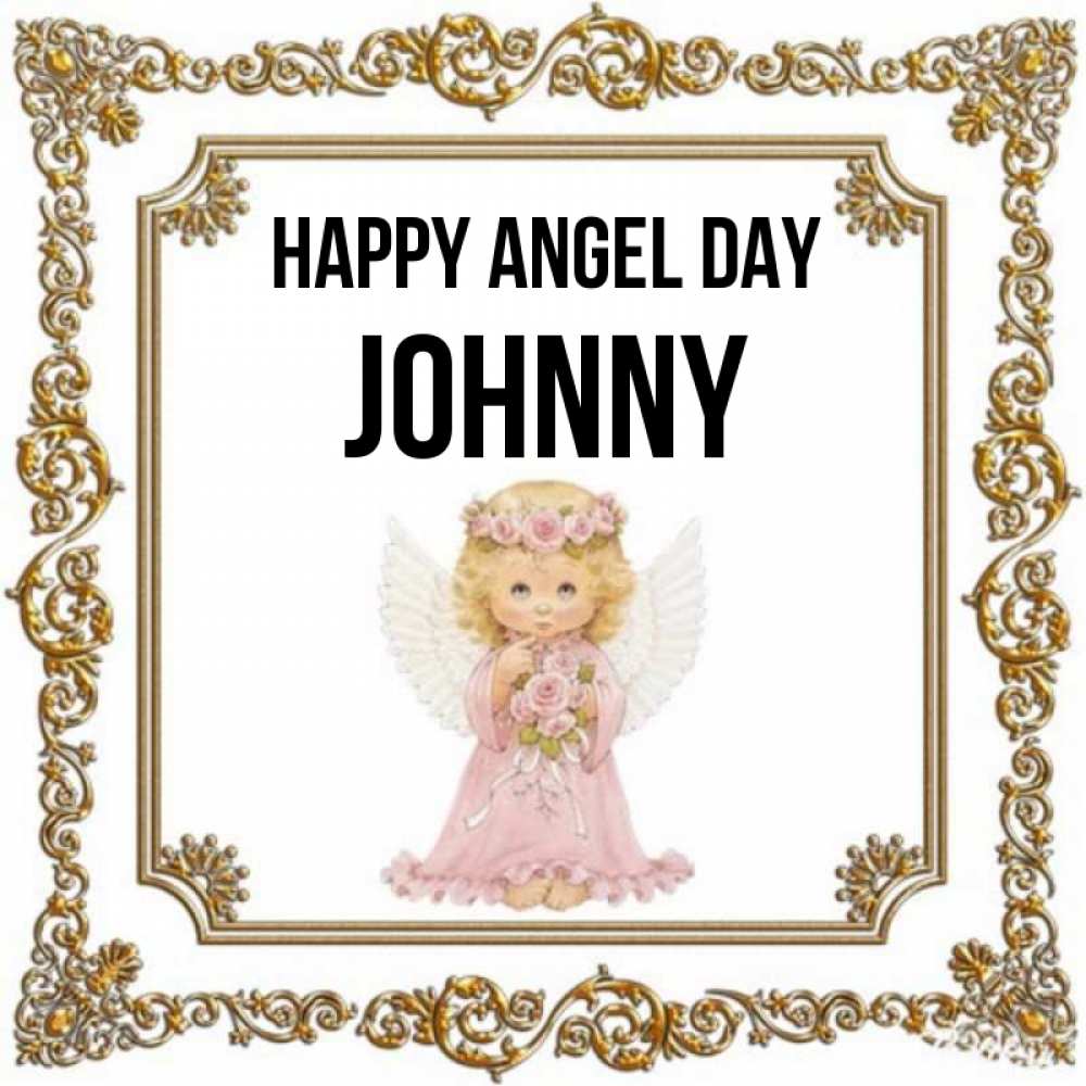 Greetings card с именем, Johnny happy angel day девочка ангел с крыльями и цветами в розовом платье Greetings with text for free download 