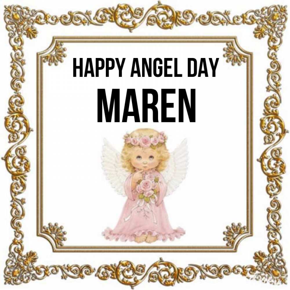 Greetings card с именем, Maren happy angel day девочка ангел с крыльями и цветами в розовом платье Greetings with text for free download 