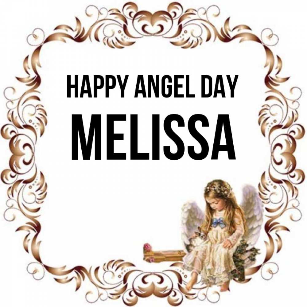 Greetings card с именем, Melissa happy angel day рамочка из перьев и ангелочек Greetings with text for free download 