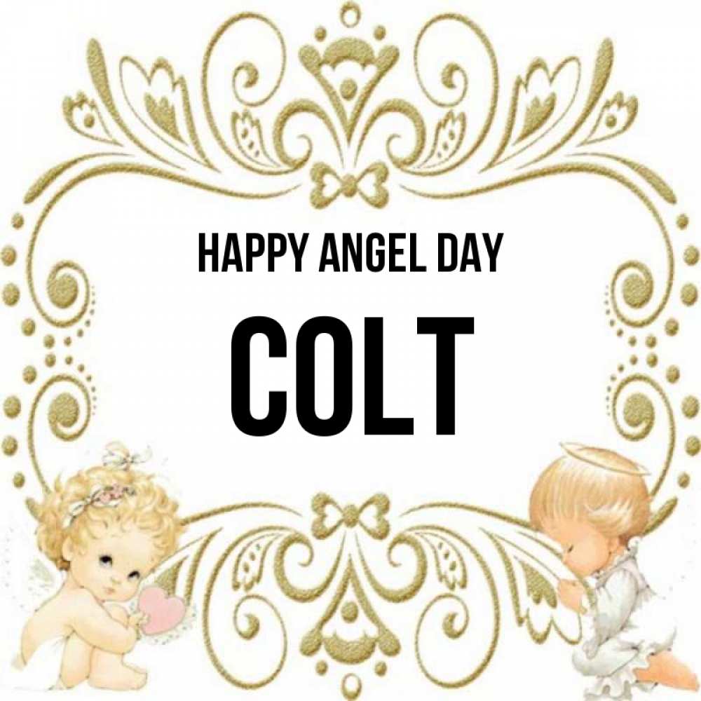 Greetings card с именем, Colt happy angel day с именинами поздравляют два красивых ангела. Один с сердечком другой молится Greetings with text for free download 