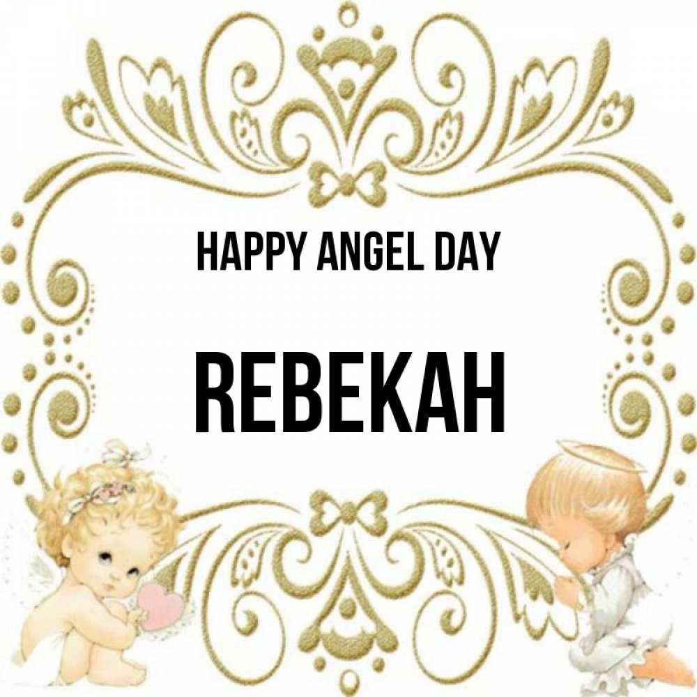 Greetings card с именем, Rebekah happy angel day с именинами поздравляют два красивых ангела. Один с сердечком другой молится Greetings with text for free download 