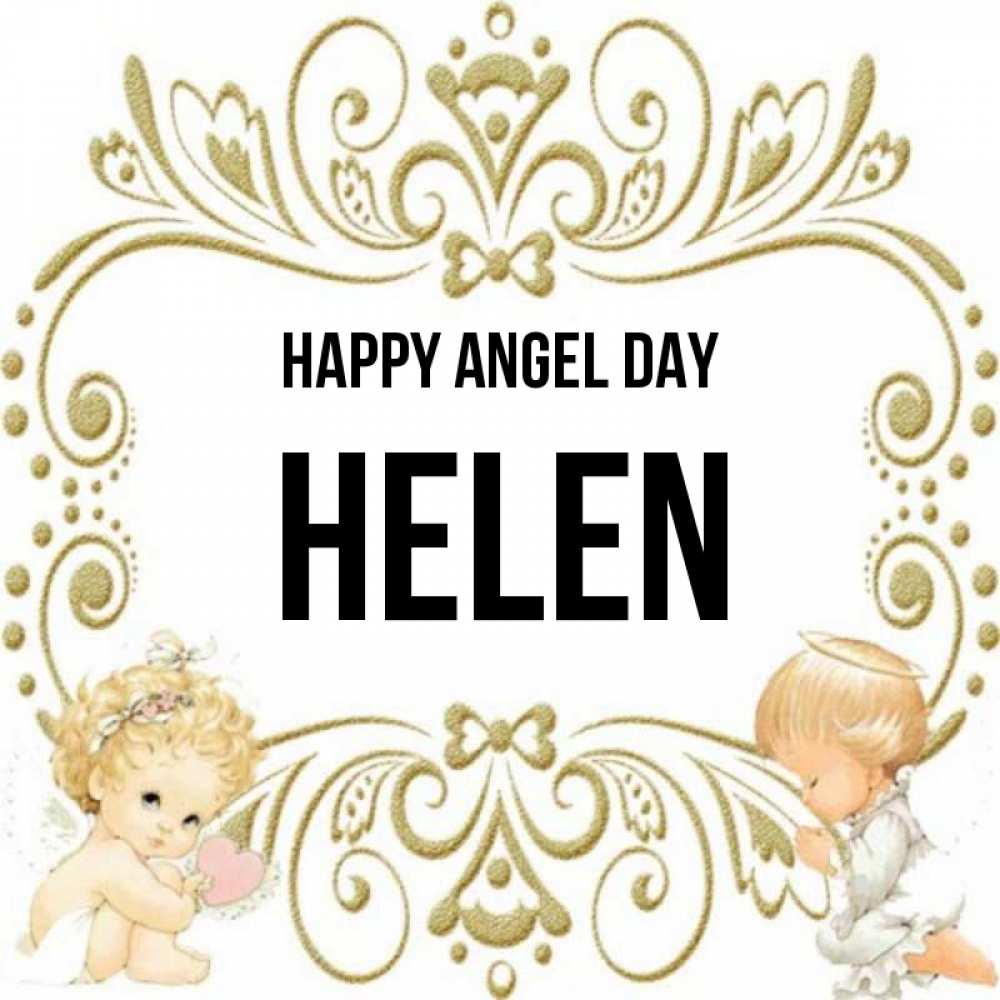 Greetings card с именем, Helen happy angel day с именинами поздравляют два красивых ангела. Один с сердечком другой молится Greetings with text for free download 