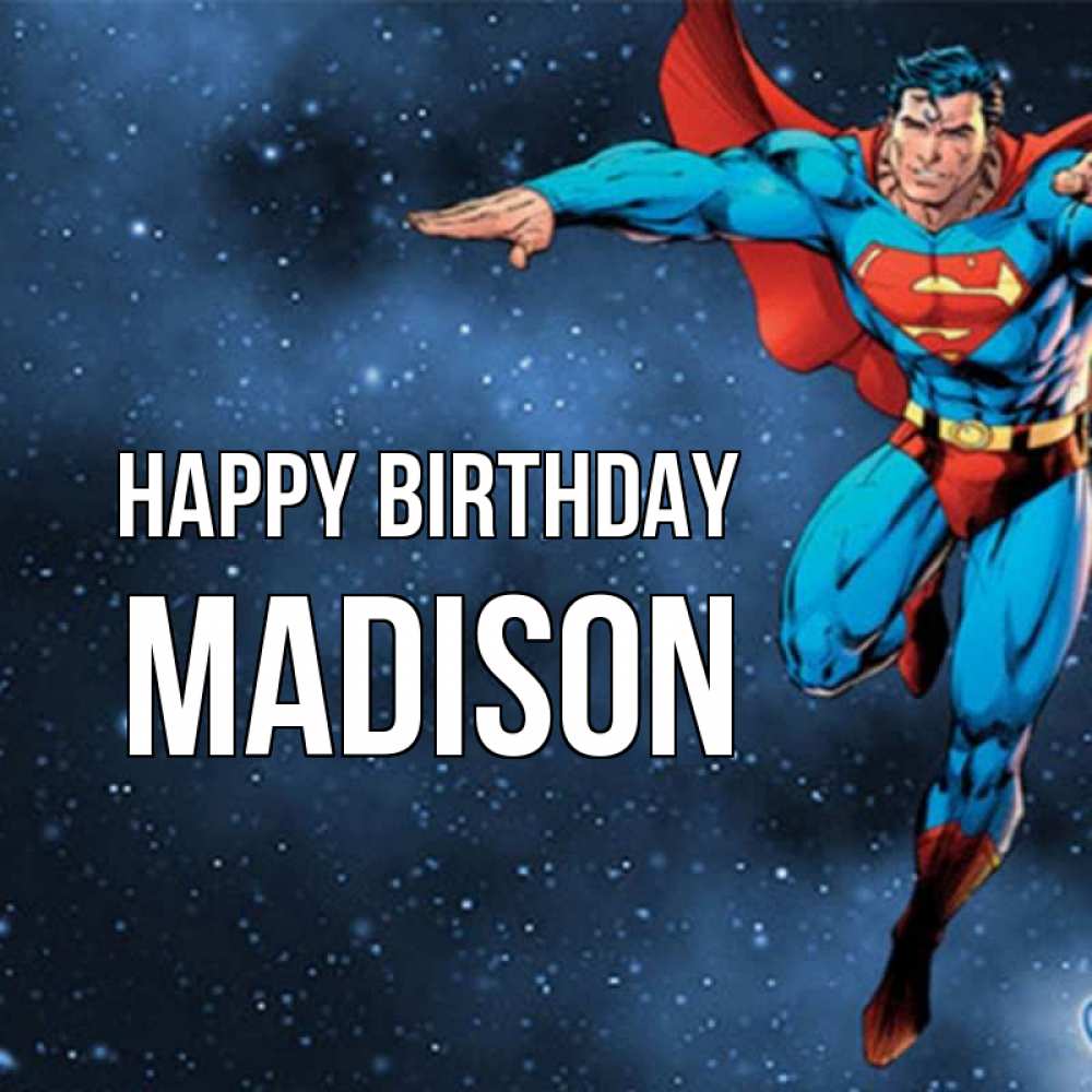 Greetings card с именем, Madison Happy Birthday супергерой Greetings with text for free download 