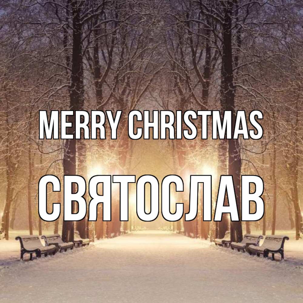 Greetings card с именем, Святослав Merry Christmas зима, парк, фонарь, лес Greetings with text for free download 