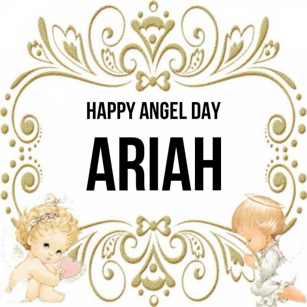 Greetings card с именем, Ariah happy angel day с именинами поздравляют два красивых ангела. Один с сердечком другой молится Greetings with text for free download 