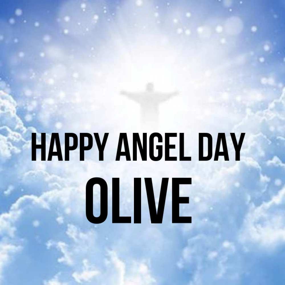 Greetings card с именем, Olive happy angel day ангел на облаках в свете солнца Greetings with text for free download 