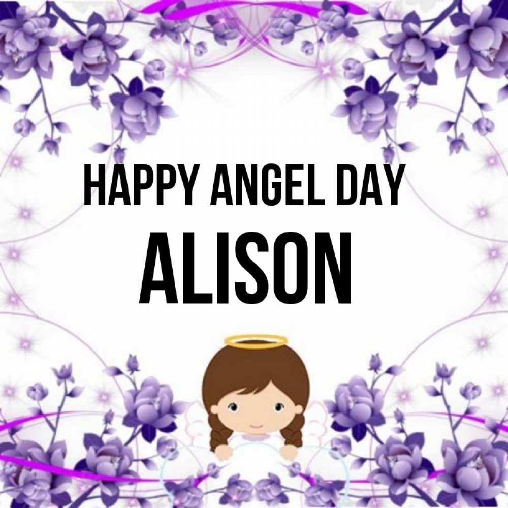 Greetings card с именем, Alison happy angel day с именинами в рамочке Greetings with text for free download 