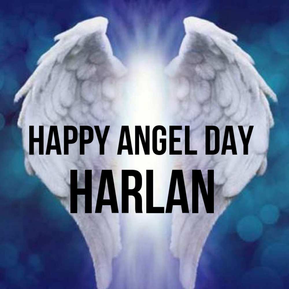 Greetings card с именем, Harlan happy angel day синий фон и крылышки Greetings with text for free download 