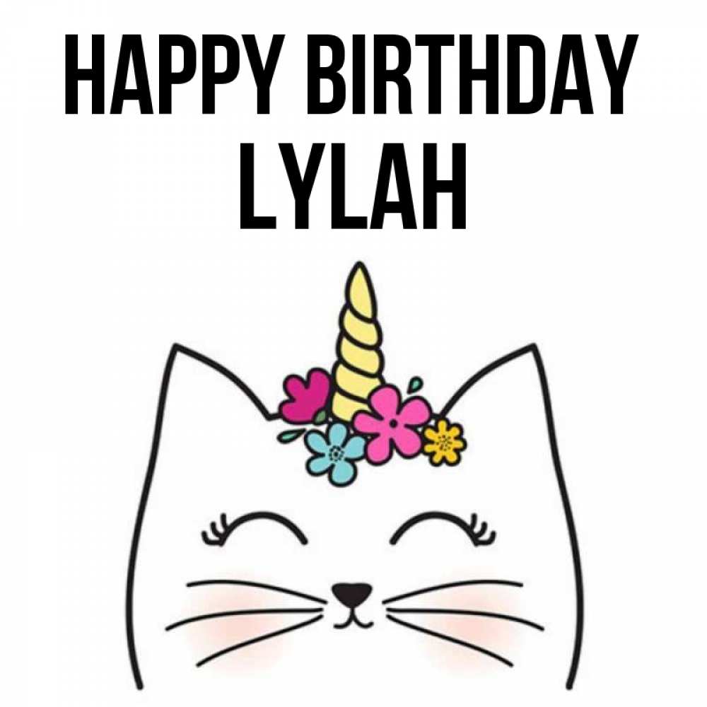 Greetings card с именем, Lylah Happy Birthday милый кот с одним рожком Greetings with text for free download 
