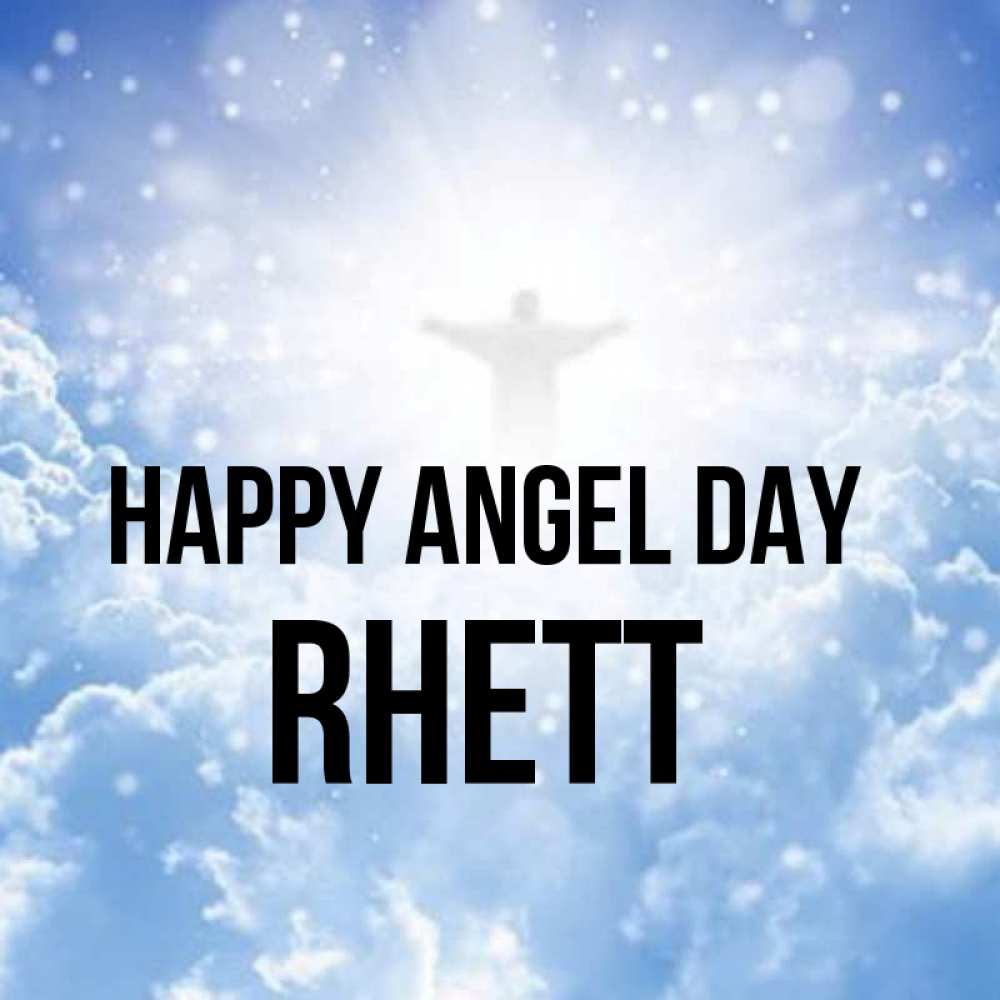 Greetings card с именем, Rhett happy angel day ангел на облаках в свете солнца Greetings with text for free download 