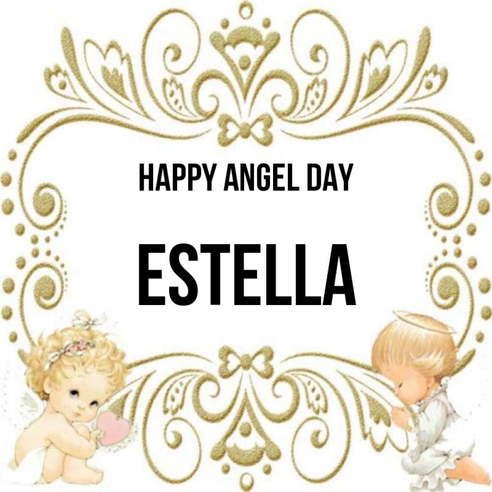 Greetings card с именем, Estella happy angel day с именинами поздравляют два красивых ангела. Один с сердечком другой молится Greetings with text for free download 